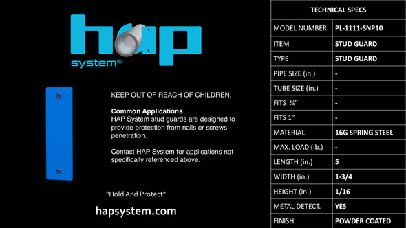 1-1/2"x5" HAP Stud Guard PL-1111-SNP10 Cut Sheet