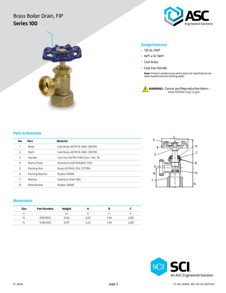 Series 100 Brass Boiler Drain, FIP Data Sheet