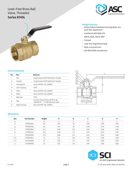 Series 8145L Lead Free Threaded Brass Ball Valve