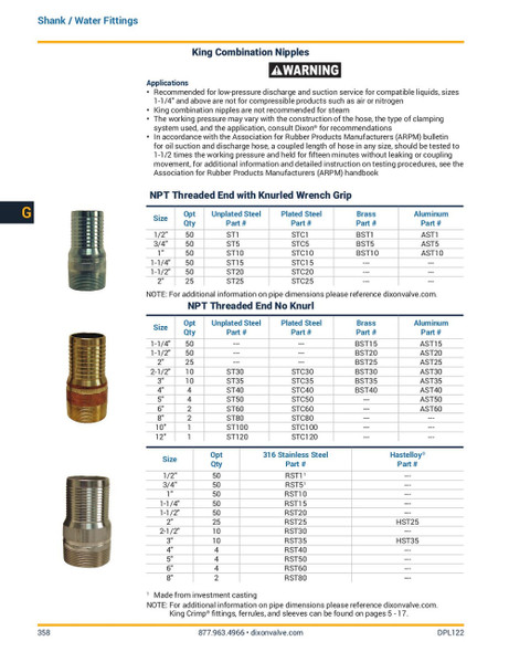 Stainless Steel Combination Nipple NPT Threaded End No Knurl Catalog Page