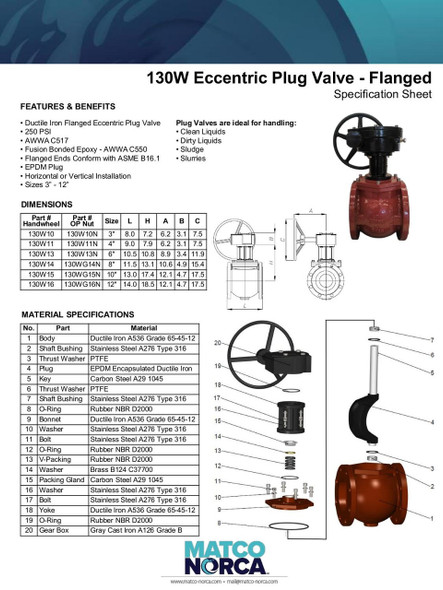 130W AWWA C517 Ductile Iron Flanged Eccentric Plug Valve Spec Sheet