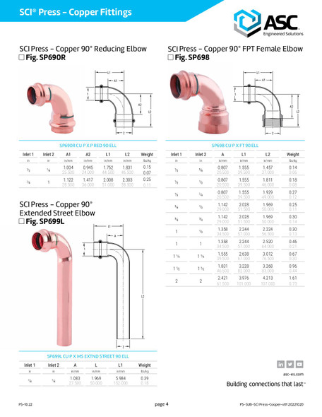 SCI Copper Press 90° Reducing Elbow Dimensions