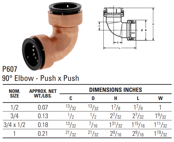 Nibco® P607 Wrot Racer® 90 Degree Elbow Dimensions