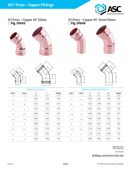 SCI Press Copper 45° Elbow Dimensions