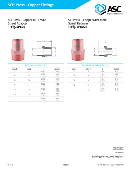 SCI Press Copper MPT Male Street Adapter Dimensions