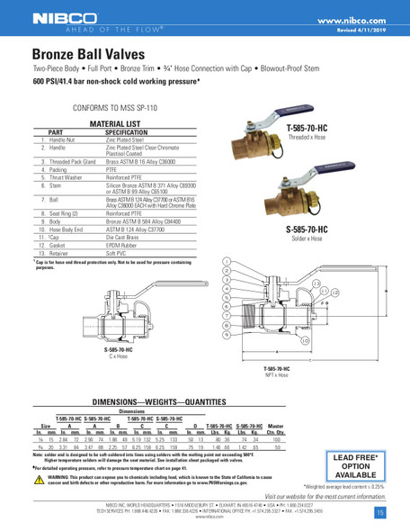 Nibco T-585-70-HC Data Sheet