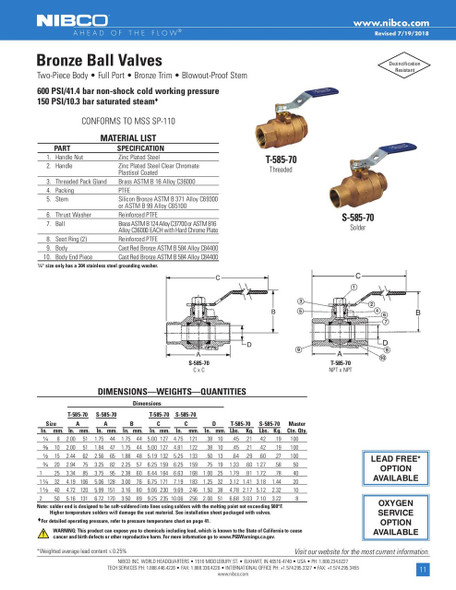 Nibco T-585-70 Ball Valve Cut Sheet