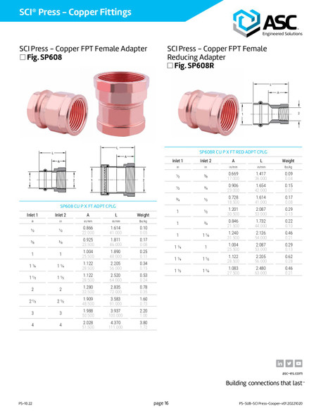 SCI Press Copper FPT Female Adapter Dimensions