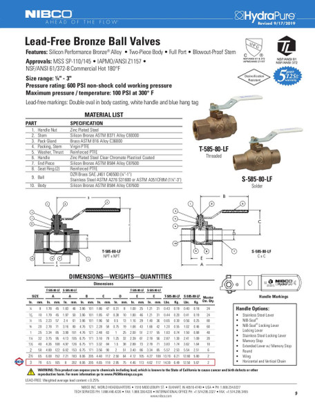 Nibco S-585-80-LF Data Sheet