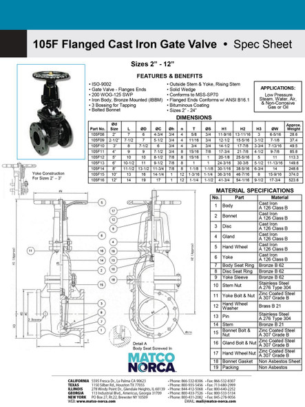 105F Flanged Cast Iron Gate Valve Spec Sheet