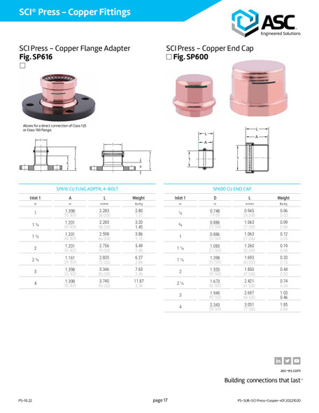 SCI Press Copper Flange Adapter Dimensions