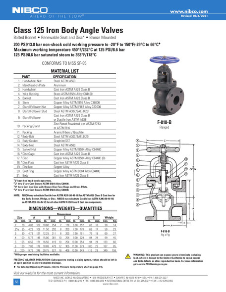 Nibco F-818-B Class 125 Iron Body Angle Valve Data Sheet