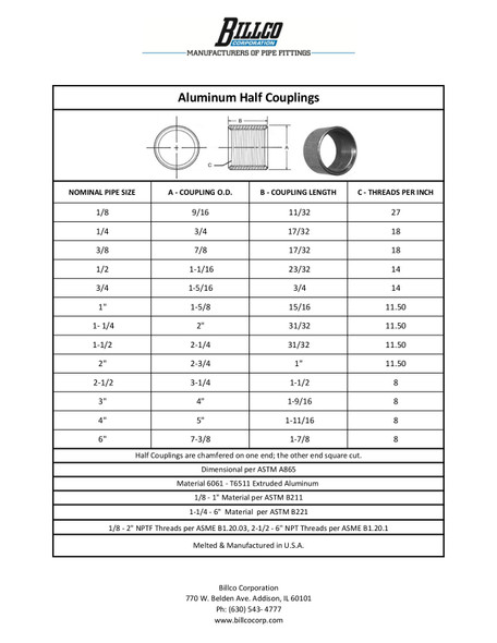 Aluminum 6061 - Taper Tapped Half Coupling Dimensions