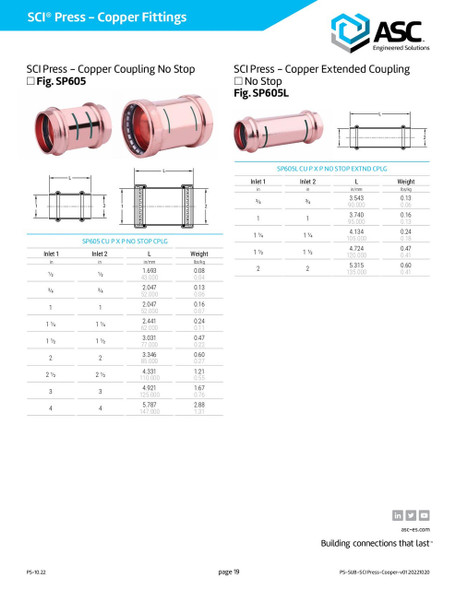 SCI Fig. SP605 Copper Coupling No Stop Dimensions