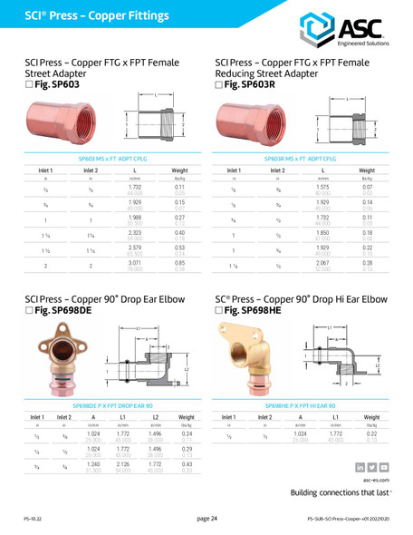 SCI Press Copper FTG x FPT Female Street Adapter Dimensions