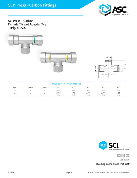 SCI® Press - Carbon Female Thread Adapter Tee SP728 Data Sheet