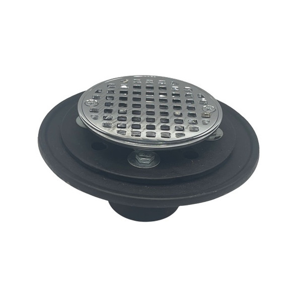 2" Cast Iron No-Hub Shower Drain with Round CP Brass Strainer