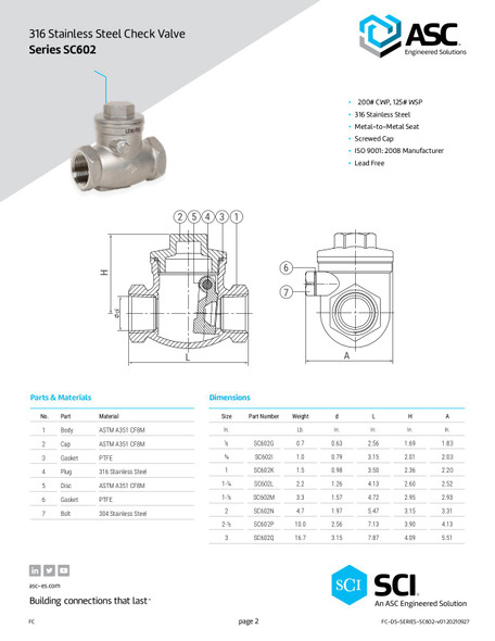 ASC Series SC602 316 Stainless Steel Check Valve