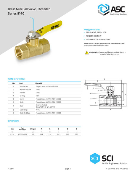 Series 8140 Brass Mini Ball Valve Data Sheet