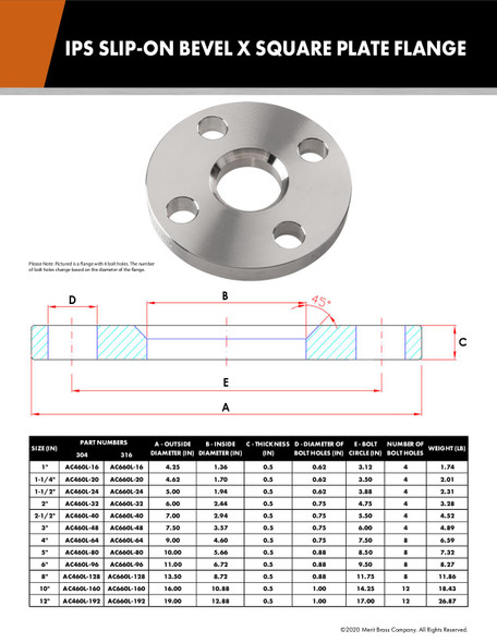 150# Stainless Steel IPS Slip-On Bevel x Square Plate Flange Dimensions