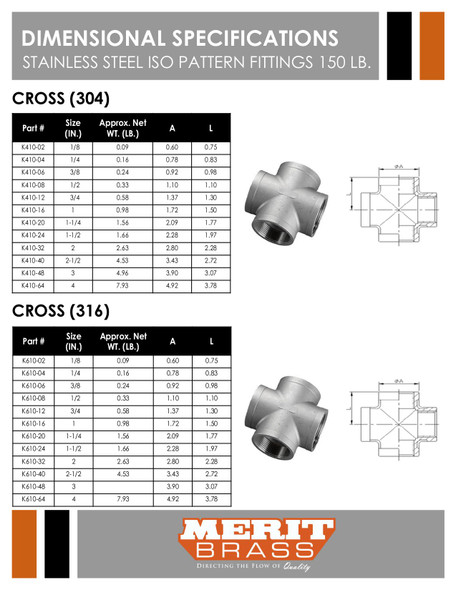 150# Stainless Steel Cross Dimensions