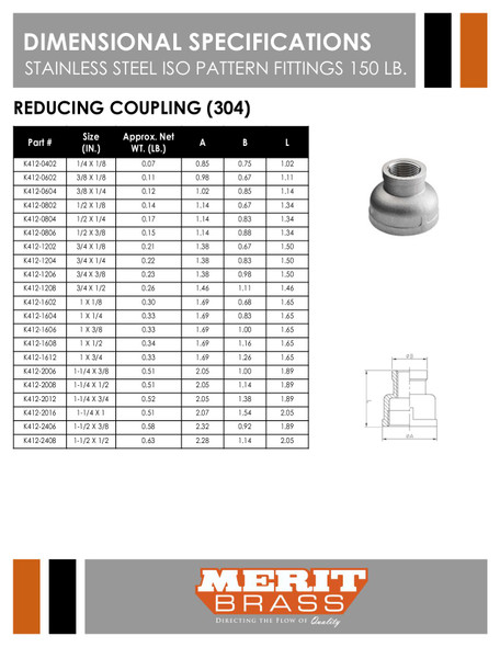 150# 304 Stainless Steel Reducing Coupling Dimensions