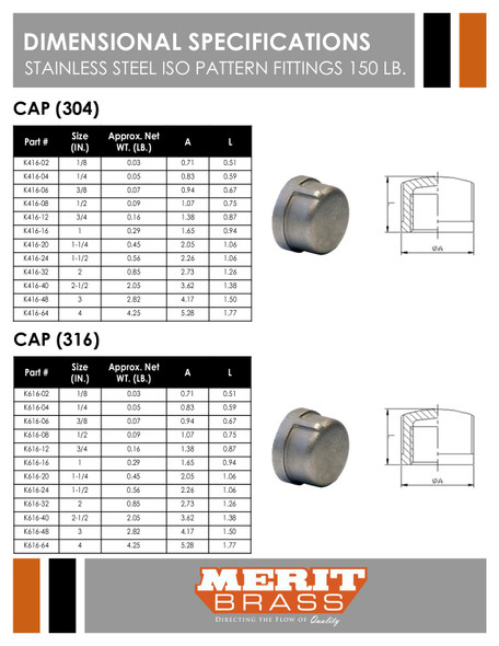 150# Stainless Cap ISO 49 Dimensions