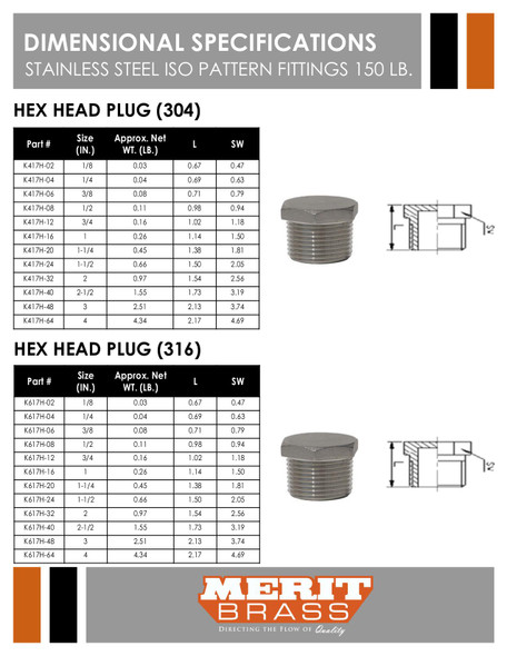 150# Stainless Steel Hex Head Plug ISO 49 Dimensions