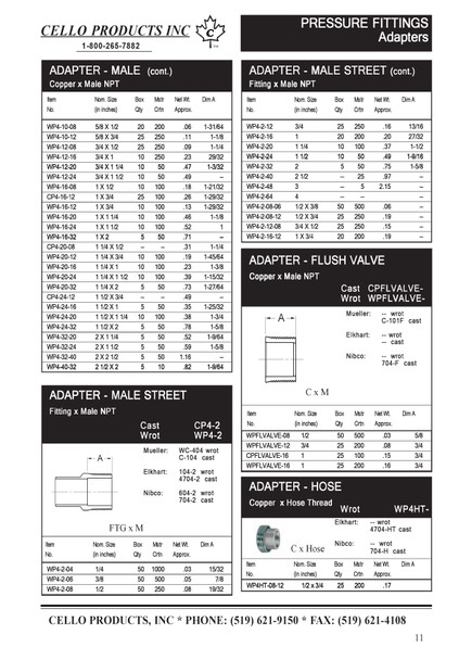 Copper Sweat Fitting Male Adapter Data Sheet