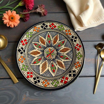 Handmade Moroccan pottery plate featuring orange, green, and red geometric patterns Glow and Clay