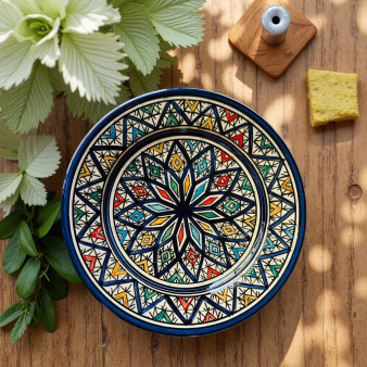 Glow and Clay Moroccan geometric ceramic plate with multicolor mandala pattern