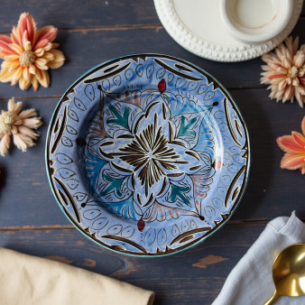 Glow and Clay artisanal Moroccan tableware — sky blue ceramic plate with mandala design