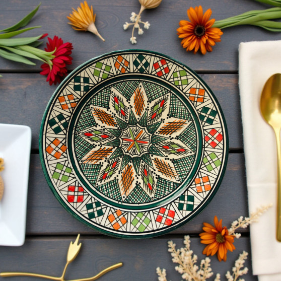 Handmade Moroccan pottery plate with multicolor lattice and geometric border Glow and Clay