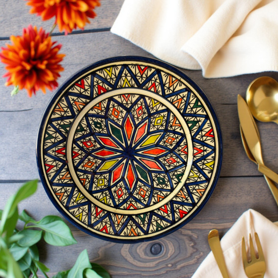 Glow and Clay Moroccan ceramic plate with red, green, and yellow mandala starburst pattern