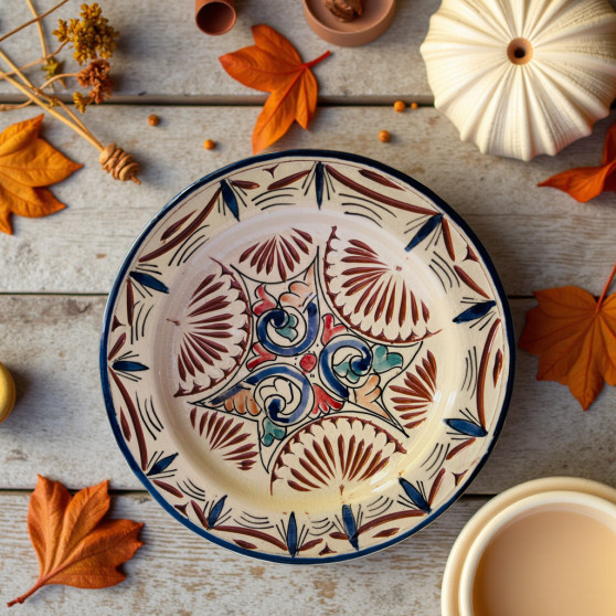 Handmade Moroccan pottery plate in ivory with red, green, and blue swirl design Glow and Clay