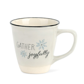 light gray mug with white base and Gather Joyfully printed on outside