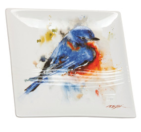 Small white plate with print of blue bird in the center - Crouser signature in the right corner