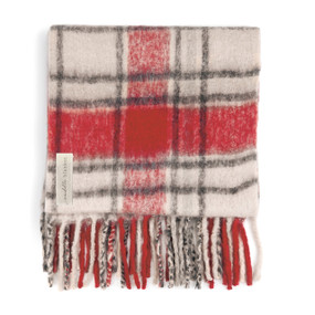 red black and tan plaid blanket folded up