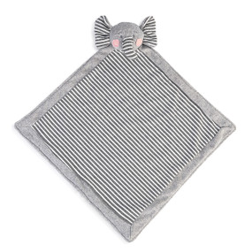 striped baby blanket with stuffed elephant head at top