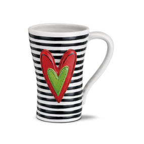 White mug with black stripes. Red heart encompasses a smaller green heart