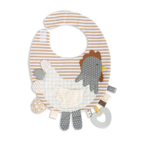 brown and white striped bib with chicken decal and fabric tags around edge