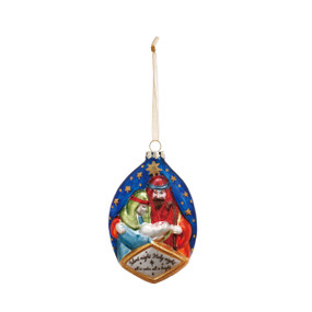 Hanging blue ornament with mother and father holding baby - nativity scene