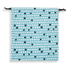 Light blue drawstring pouch with white and black circle print