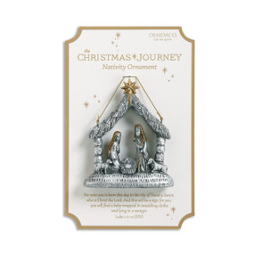 The Christmas Journey Nativity ornament' on white/gold advertisement - silver nativity scene figurines ornament centered