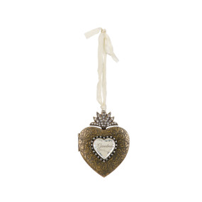 Hanging gold heart pendant with 'grandma' in white heart surrounded by diamonds