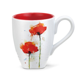 White coffee mug with red flower design print, cup is red on the inside