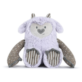 A purple and brown plush "Here For You Growl Pal" with white polka dots and stripes.