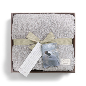 Folded Taupe Giving Blanket is in brown packaging with yellow and white chevron ribbon tied into a bow. Two tags are attached to bow.