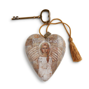 Small light brown heart pendant with angel image and 'peace on earth' in white - gold key and tassle attatched