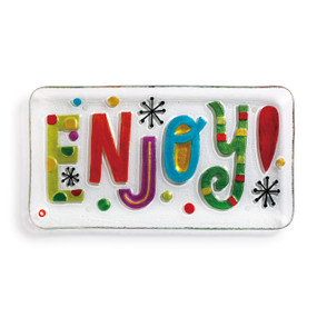 Rectangle white platter with rainbow 'enjoy!' letters surrounded by rainbow dots